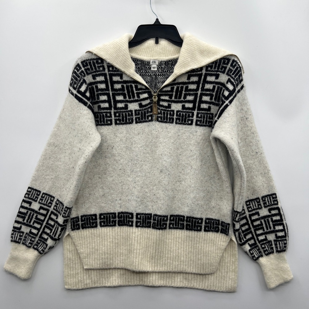 River Island Womens Fair Isle Geometric Half Zip Knit Sweater XS‎ Cream Black